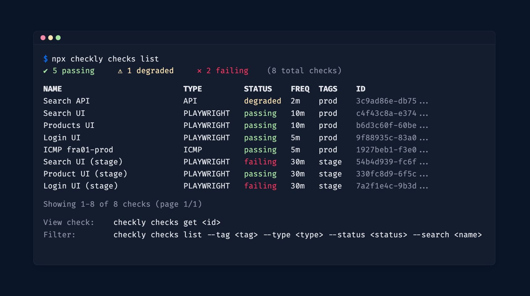 Terminal showing the output of the `npx checkly checks list` command
