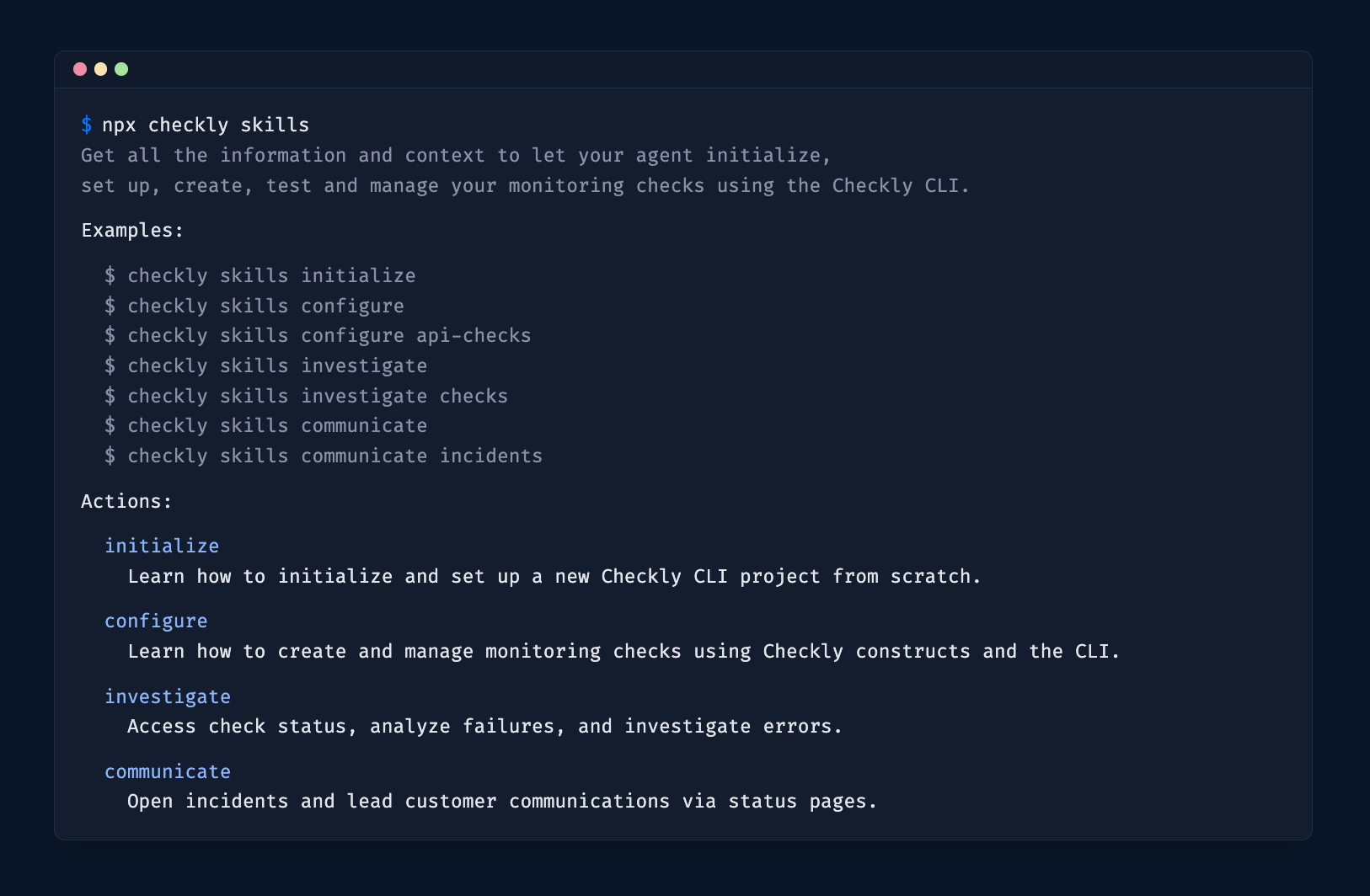 Terminal showing the output of the `npx checkly skills` command