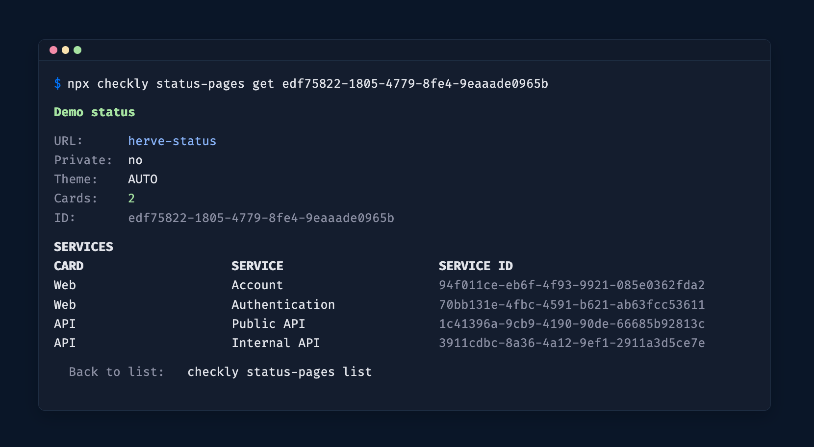 Terminal showing the output of the `npx checkly status-pages get` command