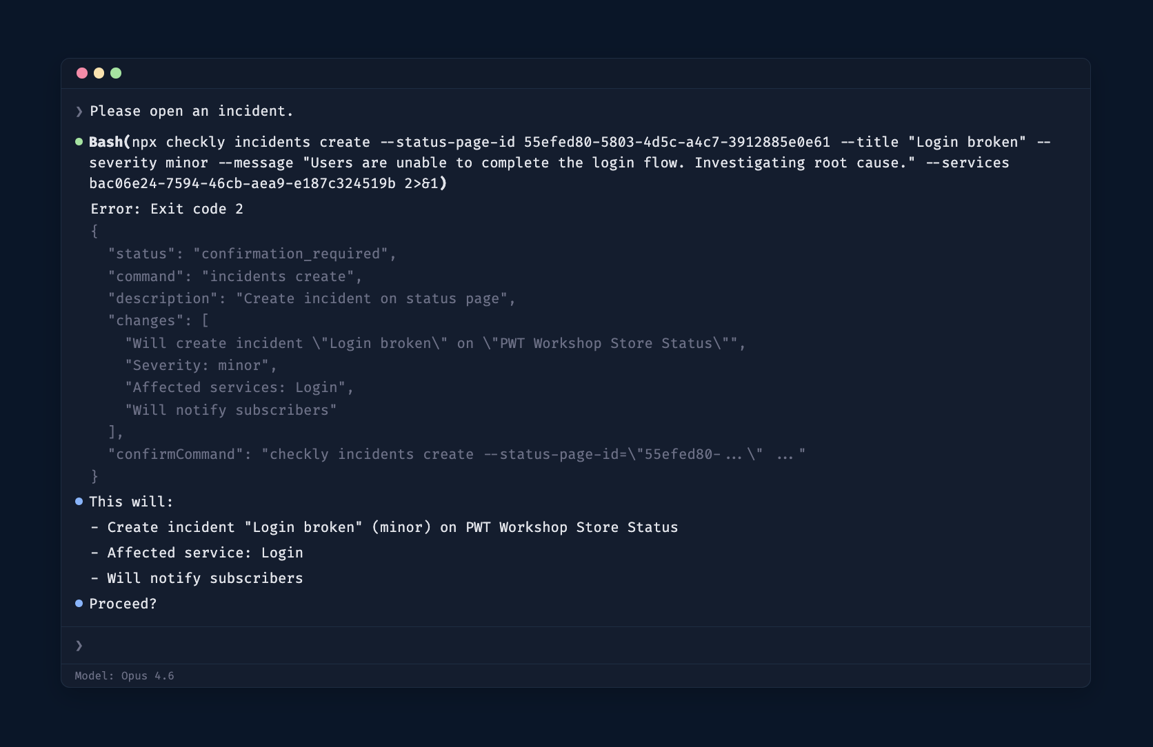 Terminal showing the output of a CLI command in agent mode, required to ask user for confirmation